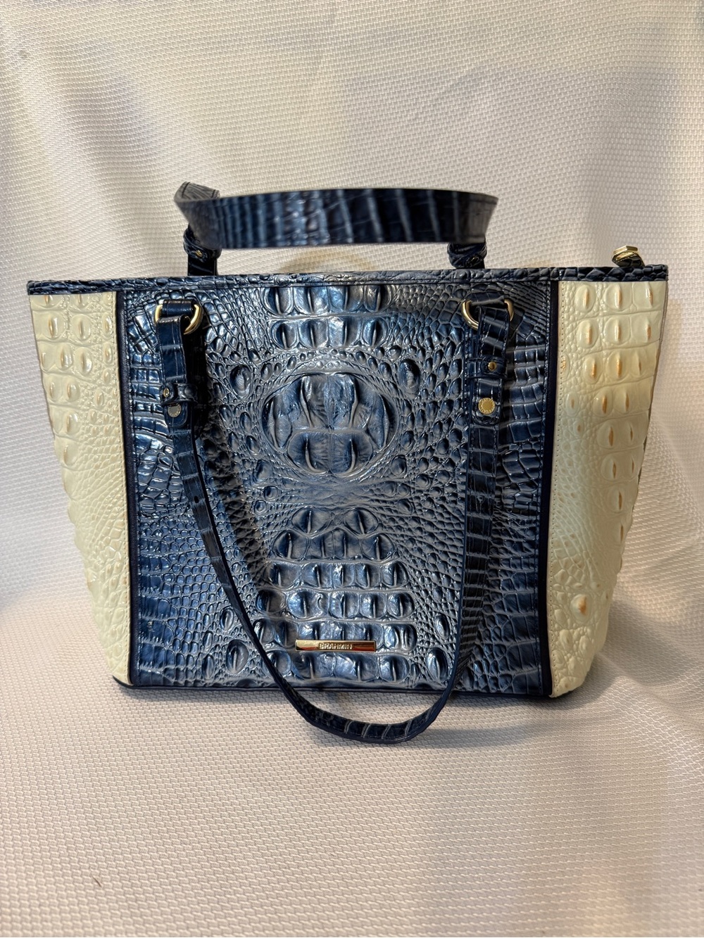 Brahmin Navy and Cream Croc-Embossed Tote with Gold Hardware